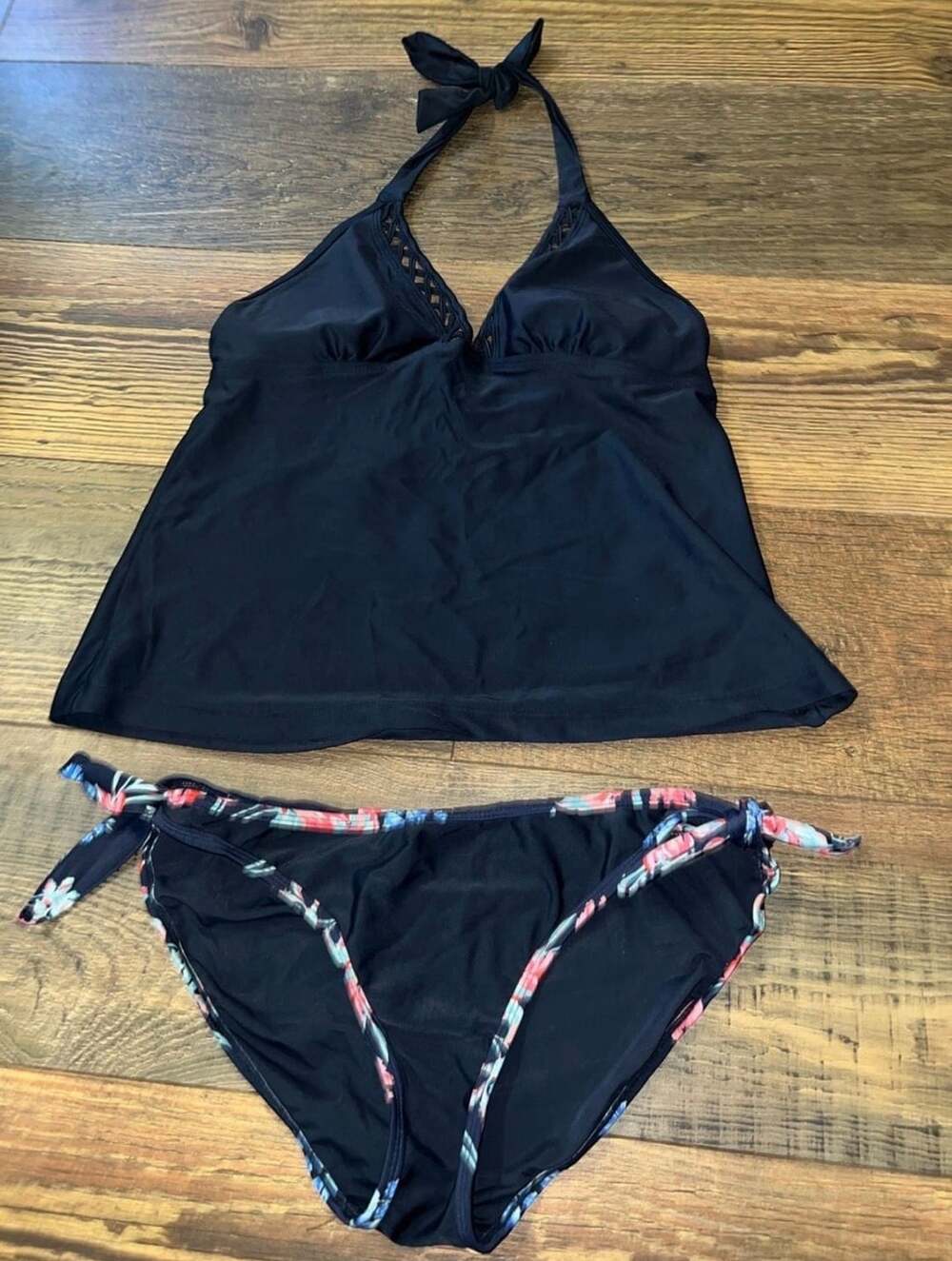 Women's Black Halter Tankini Top and Floral Bikini Bottom Swimsuit